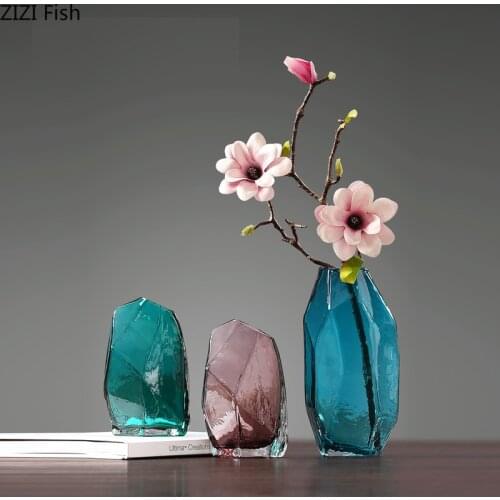 Modern European Geometric Blue Transparent Glass Small Vase Living Room Ornament Flower Arrangement Flower Vase Home Decoration