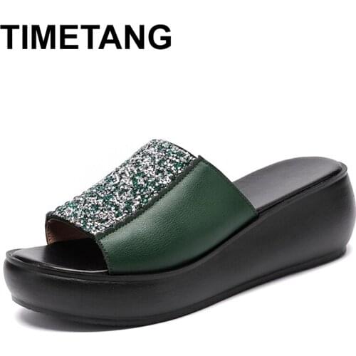 TIMETANGwoman platform thongs 2020 new summer women genuine leather slipper high heel shoes women wedge slippers