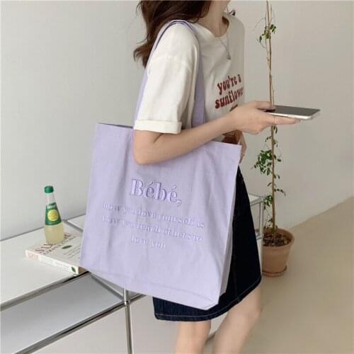 Embroidered Letters Canvas Shoulder Bag for Women Tote Purse Fabric Casual Sweet Shopper Reusable Shopping Bag for Girls Handbag