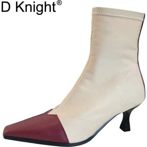 2021 New Autumn Winter Retro Women Ankle Boots Elastic Patchwork Lady Thin High Heels Socks Boots Runway Show Shoes Woman Boots