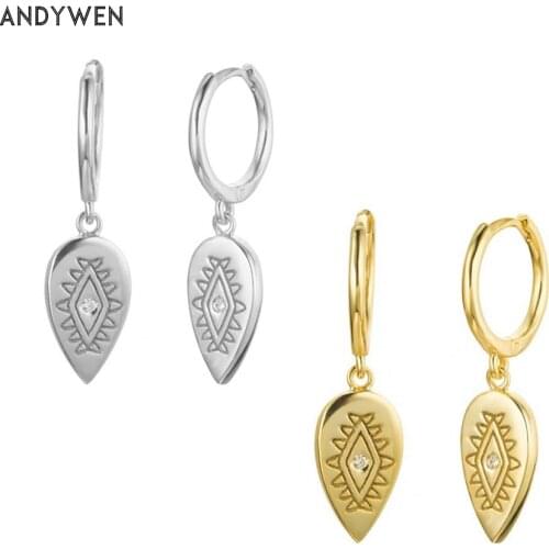 ANDYWEN 925 Sterling Silver 8.5mm Leaf Charms Drop Earring Circles Loops Ring Clips Piercing Zircon CZ Women Luxury Jewelry