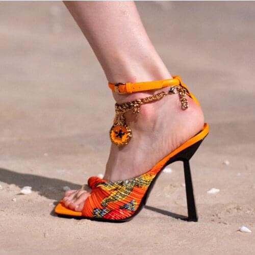 Womens Square Peep Toe Printed Match Colors Stilettos High Heel Slingbacks Shoes Leather 4Colors Plus Size Summer New 2021