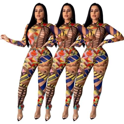 Women 2020 Autumn Women Geometry Print Sets Tracksuit O-Neck Full Sleeve Bodysuit&Pants Two Piece Set Casual Fitness Outfits