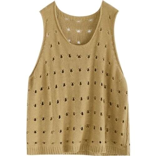 Jacquard Hollow Out Knitted O-Neck Sleeveless Women Sweater Vest Winter Autumn Loose Gothic Style 90s Aesthetic Ripped Sweater