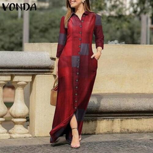 Women Bohemian Dress Summer Patchwork Shirt Dress 2021 VONDA Long Sundress Femme Vestidos Kaftan Robe Plus Size