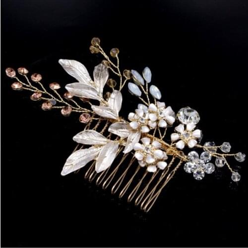 Golden Metal Leaf Hair Combs Flower Bride Pearl Hair Comb Tiaras Headpiece Hair Jewelry Wedding Bridal Hair Accessories