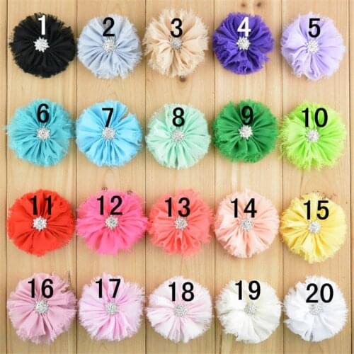 20pcs/lot 20 Color U Pick 2.7 Inch Frayed Chiffon Fluffy Flower With Star Rhinestone In Center Boutique Hair Accessories FH41