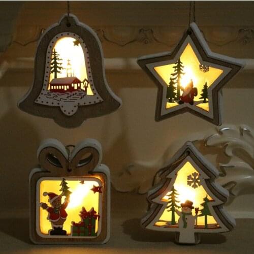 3D Glow Christmas Ornament Wooden Hanging Pendants Star Xmas Tree Bell Christmas Decorations For Home Party New Year Navidad