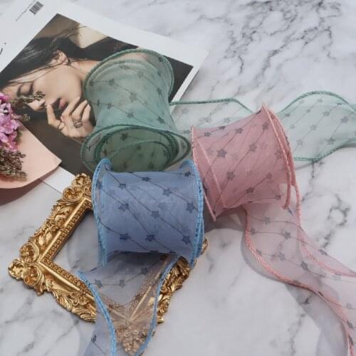 5yards 55mm Star Printed Organza Stain Ribbon DIY Hair Bow Crafts Gift Bouquet Wrapping Supply Wedding Party Decor