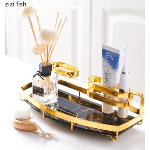 Imitation Marble Ceramic Decorative Tray Golden Single Tier Bathroom Shelves Dressing Table Display Trays Metal Storage Rack