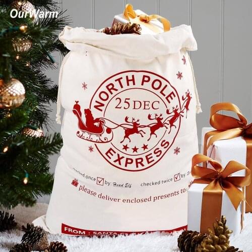 OurWarm Canvas Santa Bags with Drawstring Christmas Gift Large Hessian Burlap Christmas Sacks New Year Supplies 50X70cm