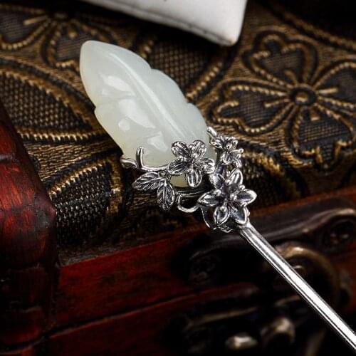 Chinese Jade Hair Stick Hanfu Hair Accessory For Women Jewelry 925 Sterling Silver With Natural Stone Hairpins Wedding Luxury