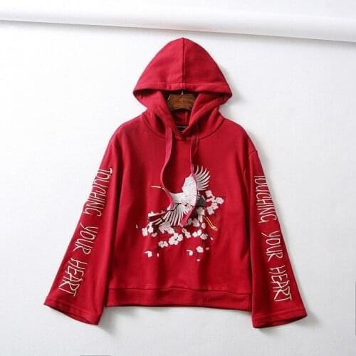 Red Sweatshirts Women 2020 Hoodies Women Aesthetic Crane Embroidery Asian Streetwear Harakuju Oversized Hoodies For Girls FF2946