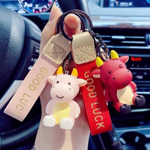 Lovely Cute Cattle Cow Keychain Leather Lanyard Animal Bull Key Chain Women Men PVC Bag Charms Pendant Trinket Jewelry Wholesale