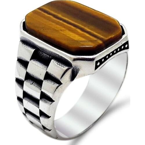 Solid 925 Sterling Silver Tigers Eye Stone Watch Cord Mens Ring