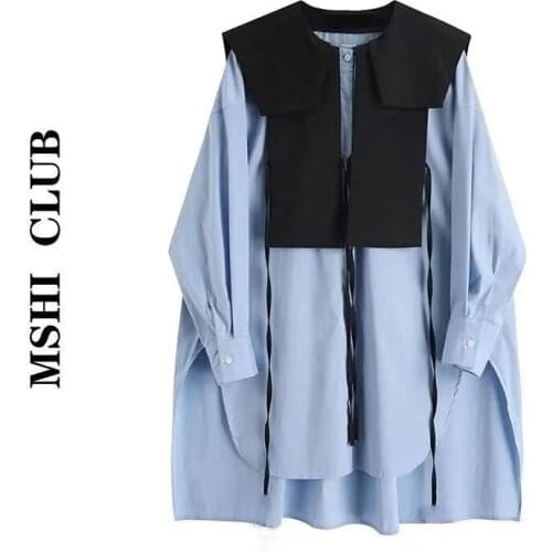 2021 autumn new plus size womens Hong Kong style mid-length shirt loose long-sleeved design shirt Long Sleeve Shirt Blouses