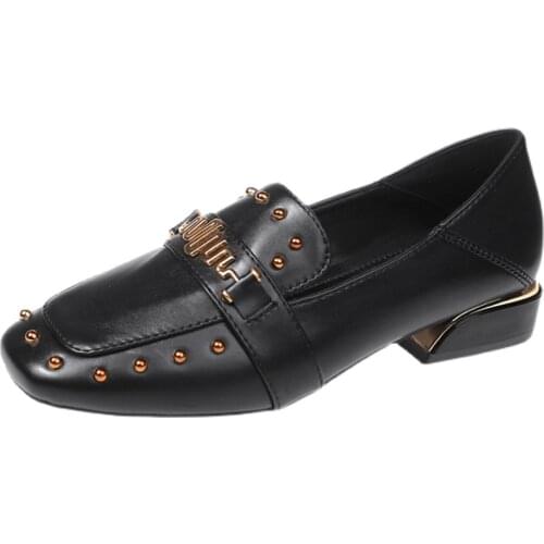 British style fashion square heel set foot metal decoration ladies small leather shoes spring and autumn new exquisite