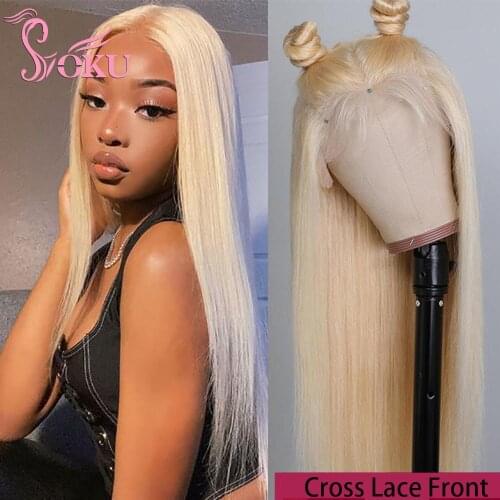 Soku Blonede Synthetic Lace Frontal Wig 613 Straight Hair 18/20 Inches Long Wig for Women High Temperature Fiber Cross Lace Wig