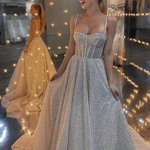 Silver Sequins Prom Dresses 2021 A-Line Party Maxys Long Prom Gown Sweetheart Straps Evening Dress Vestido De Fiesta