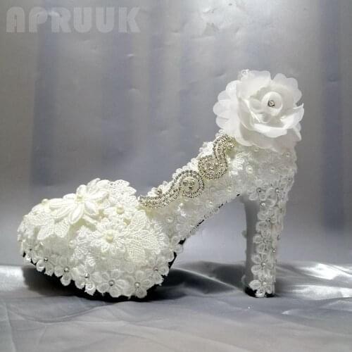Lace flower wedding pumps shoes bride platforms super high 11CM heels bridal shoes flower ladies girl party white dress shoe