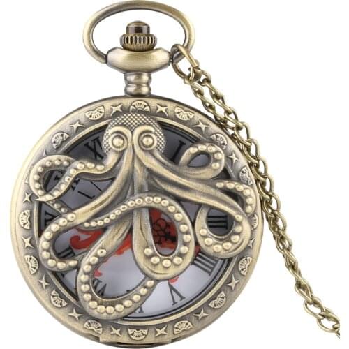Unique Hollow Octopus Cover Quartz Pocket Watch Necklace Bronze/Grey Color Fob Watches for Men Women 2019 New Clock Gift for Kid