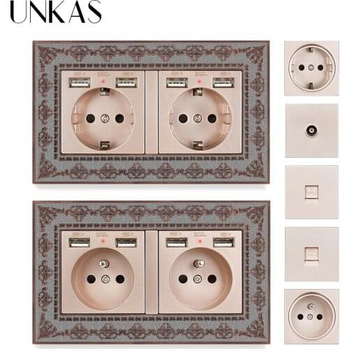 UNKAS EU French Socket Dual USB Port + TV RJ11 Telephone RJ45 Internet Computer Jack Gold 4D Embossing Panel Retro Zinc Outlet