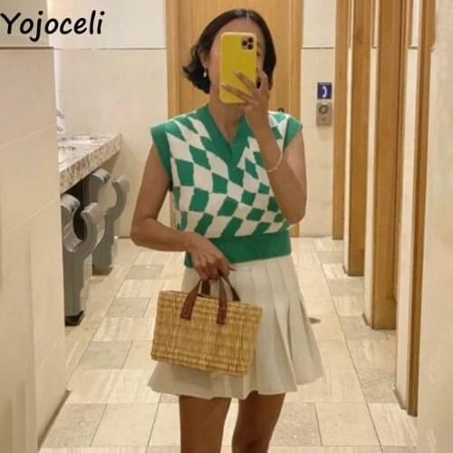 Yojoceli Sexy sleeveless knitted vest women Autumn casual plaid striped sweater vest Fashion 2021 female knitting vest