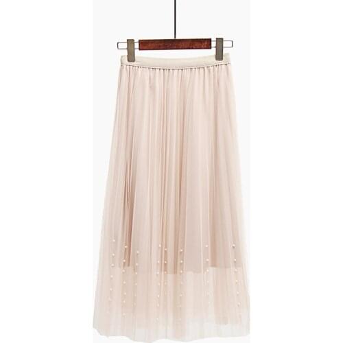 New 2020 Spring Summer Skirts Womens Beading Mesh Tulle Skirt Women Elastic High Waist A Line Mid Calf Midi Long Pleated Skirt