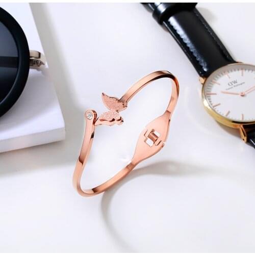 YUN RUO Top Brand Jewelry Rose Gold Color Frosted Butterfly Bangle Cuff Bracelet 316L Stainless Steel Fashion Woman Not Fade