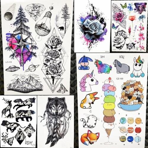 YURAN Fake Cartoon Tattoo Stickers Kids Art Temporary Tattoo Men Child Body Arm Geometric Flower Compass Tree Tatoos Rose Women