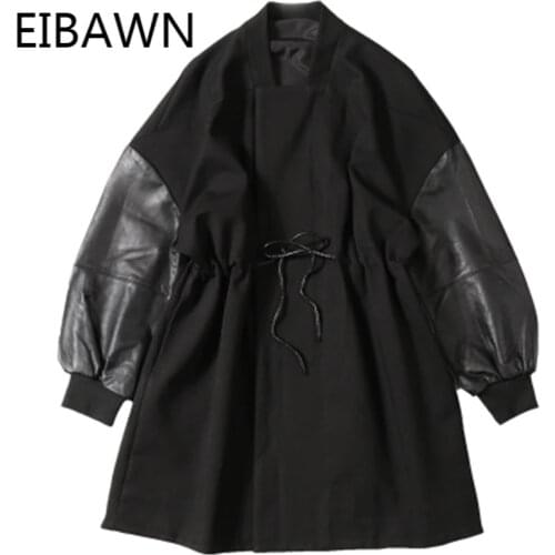 Global Station 2020 Spring New Trend Leather Windbreaker Women Sheepskin Stitching Large Size Version Mid-Long Leather Coat