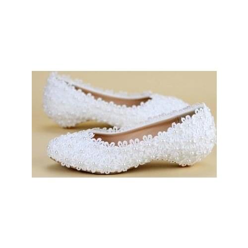 Womens shoes White Flower Wedding Shoes Lace Pearl Flats Sweet Bride Dress Shoes Plus Size 43 44 Beading Women Flat Shoes