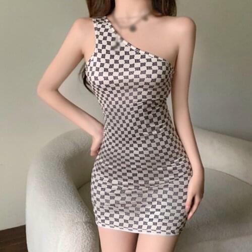 Women Plaid Print Dresses Summer Slim Sleeveless Vestidos Holiday Dress Femme Irregular Diagonal Collar Dress