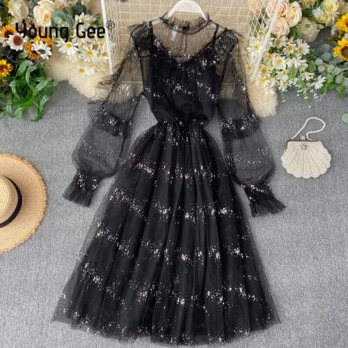Young Gee shiny women dress sequined transparent a line mesh ruffles elegant spring summer princess midi party dresses vestidos