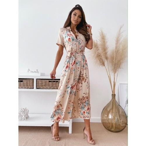 Women Elegant V-Neck Dress 2021 Summer Letter Print Long Shirt Dress Casual Short Sleeve Lady Party Vestido