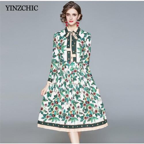 Summer New Woman Mid Print Dress Floral Ladies Party Skirts Spring Pleated Shirt Dresses for Office Lady Spring Vestidos Femme