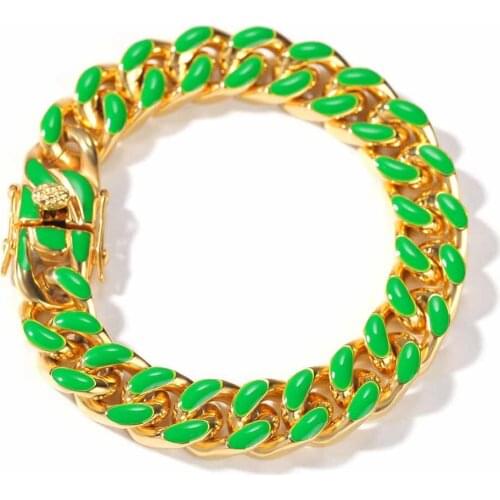 Stainless Steel Blue green Orange White Bling Oil Drip Curb Cuban Miami Chain Bracelets Mens Hip hop Dragon Clasp Bangles 12mm