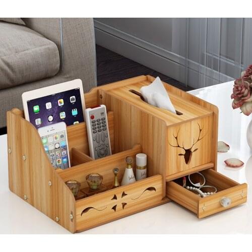 Wooden Desk Cosmetic Organizer Tissue Organizer Storage Box With Drawer For Bathroom 5 Slots For Lipstick Remote Control