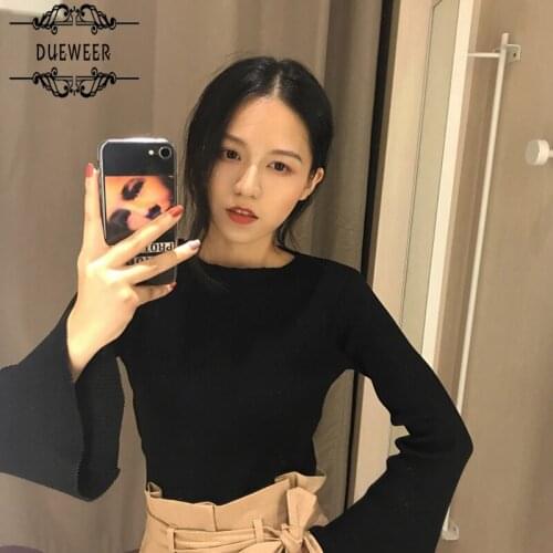 Womens Pullovers Women Knitted Pullover Full Solid O-Neck Flare Sleeve Slim All-match Elegant Tops Simple Korean Style Trendy