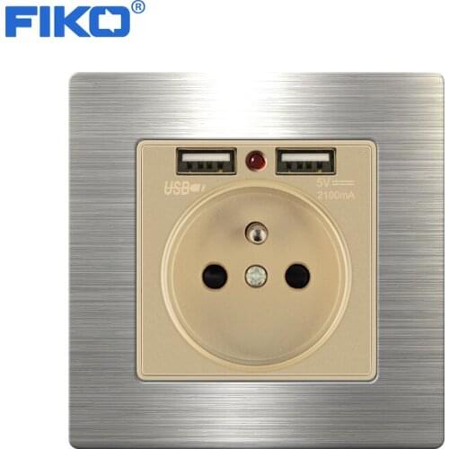 FIKO 16A france power socket with usb ，Household stainless steel panel 86mm*86mm rocker switch With wall power socket
