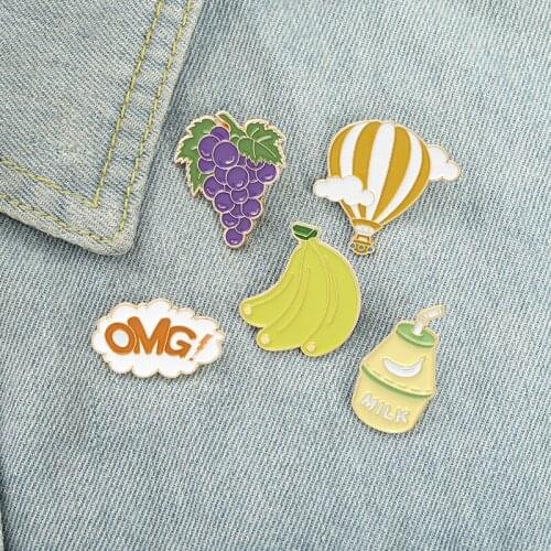 Dessert Time Enamel Pin Custom OMG Grape Banana Milk Balloon Brooch Clothes Lapel Pin Badge Cartoon Food Kid Friend Wholesale