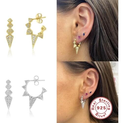 GS 925 Sterling Silver Rivet Zircon C Shape Stud Earrings Luxury Punk Earrings Fine Jewelry Women Korean Pendientes Mujer