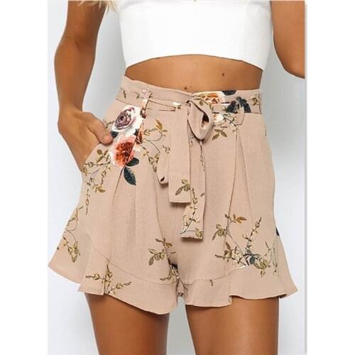 Summer Women Print Shorts HOT Women Shorts Casual Summer Print Flower Loose Lace Up High Waist Shorts