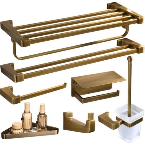 Antique Brass Bath Hardware Accessory Set Copper Towel Rack/Ring Paper/Toilet Brushed Toothbrush Cup Holder Shelf Soap Dish