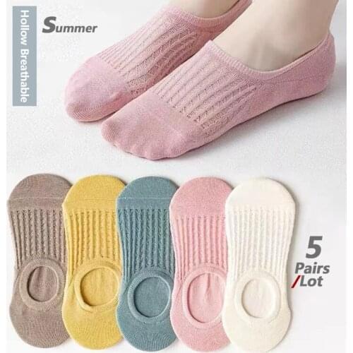 5 Pairs Women Invisible Boat Socks Summer Mesh Solid Candy Silicone Non-slip Ankle Low Cut Female Cotton Slipper No Show Socks