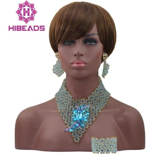 Handmade Fancy Crystal V-Neck Necklace Bridal African Beads Jewelry Set New Designer Nigerian Accessories Free shipping ALJ842