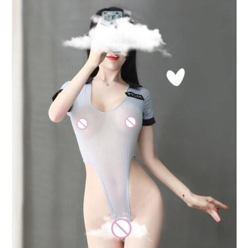 Sexy lingerie women sexy transparent Ice silk policewoman open gear jumpsuit