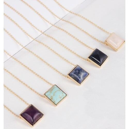 Blue Pink Quartz Kallaite Necklace Geometric Square Natural Stone Pendant Gold Necklaces For Women Jewelry