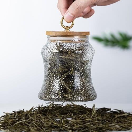 Glass tea pot Household storage pot Transparent creative petal packed bamboo lid Pu & prime; er tea sealed tea pot