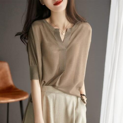 Harteen Thin Loose Knit Sweater 2021 Summer New Comfortable Korean Vintage Short Sleeve Solid Pullover Women Clothes